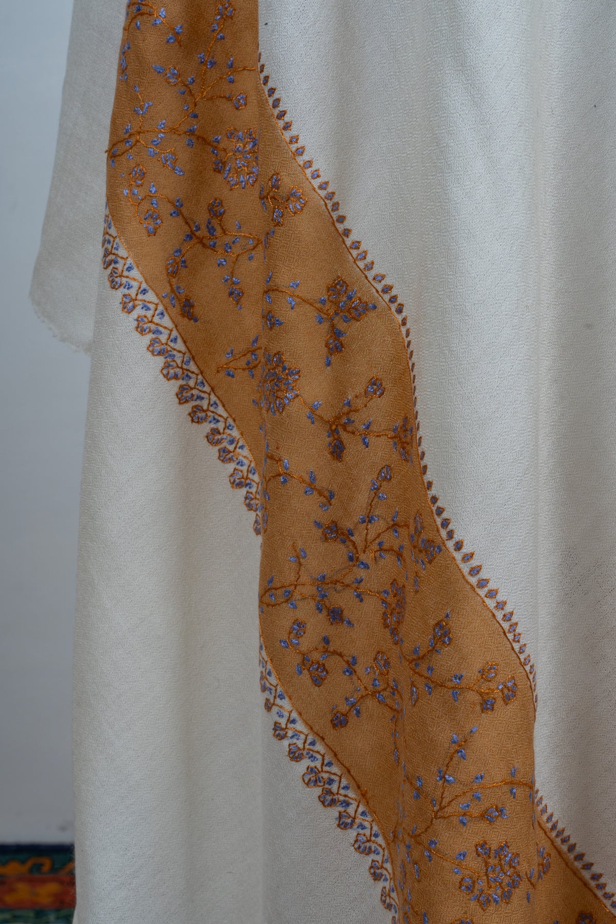 Saffron Bloom Classic: Merino wool 2.5 Yards Sozni Hand Embroidered Shawl