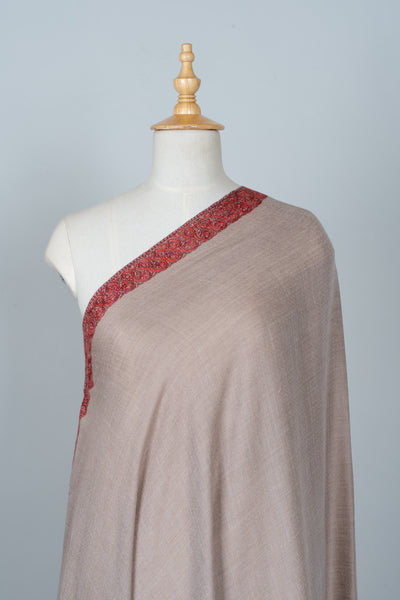 2.5 Yards | Lal Daaman — Sozni Hand-Embroidered Border Shawl in Walnut Beige