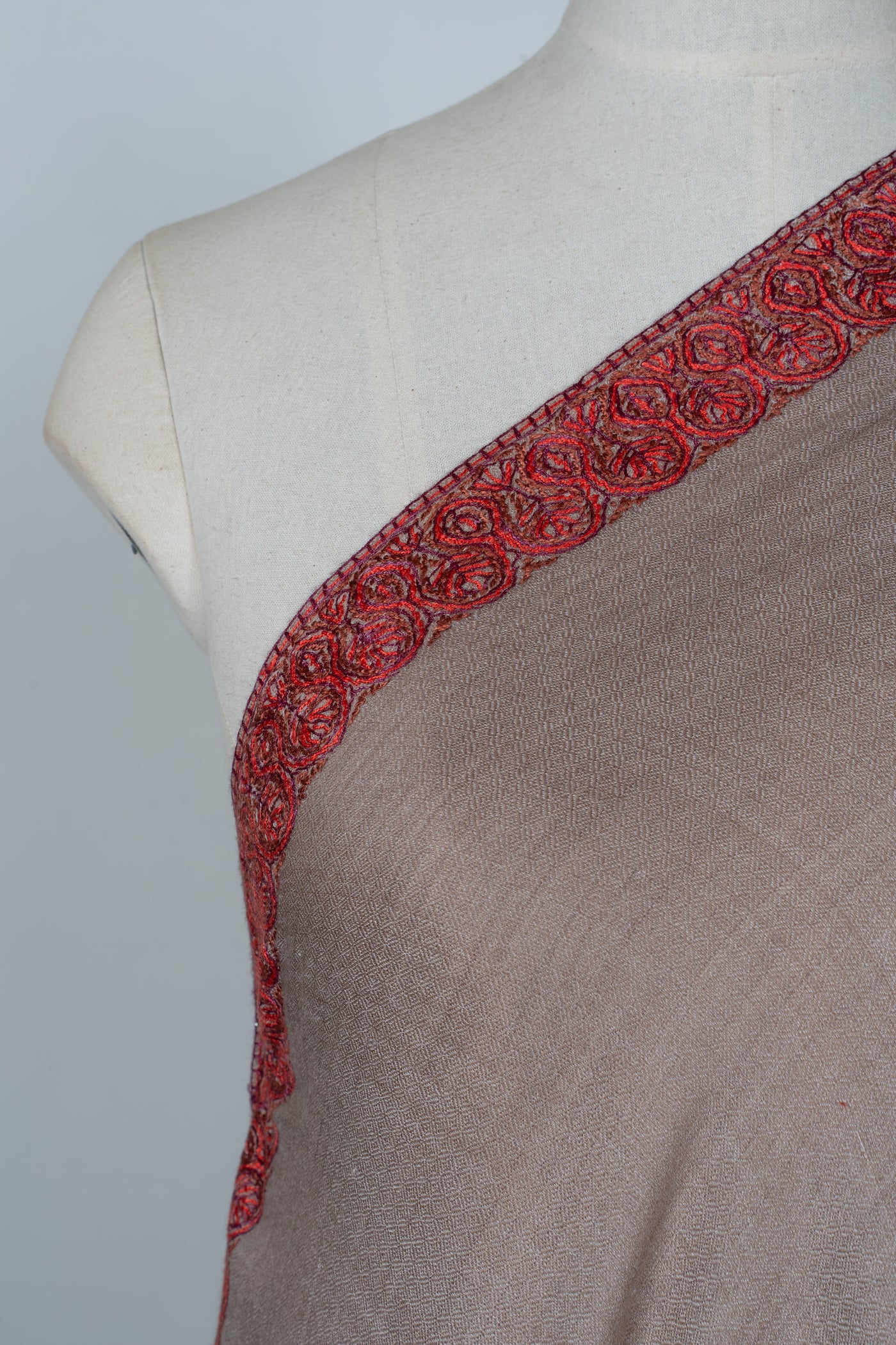 2.5 Yards | Lal Daaman — Sozni Hand-Embroidered Border Shawl in Walnut Beige