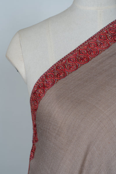 2.5 Yards | Lal Daaman — Sozni Hand-Embroidered Border Shawl in Walnut Beige