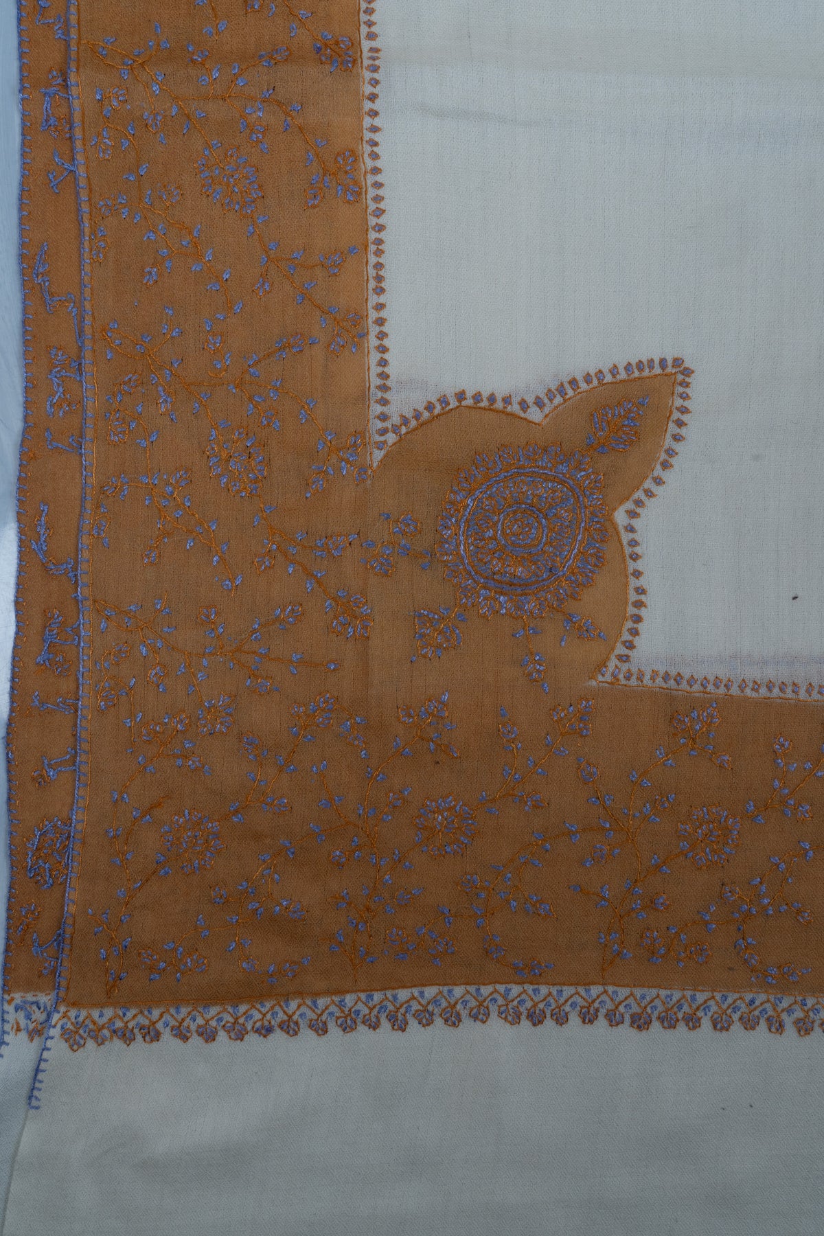Saffron Bloom Classic: Merino wool 2.5 Yards Sozni Hand Embroidered Shawl