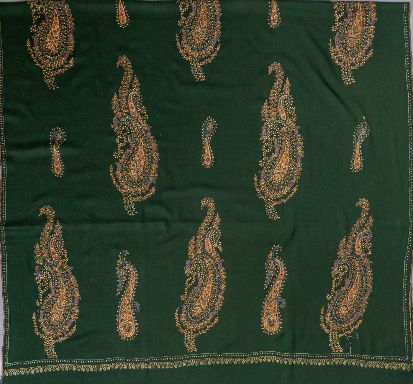 2.5 Yards | Zabarjad Paisley — Hand-Embroidered Kashmiri Shawl in Deep Green with Golden & Blue Accents