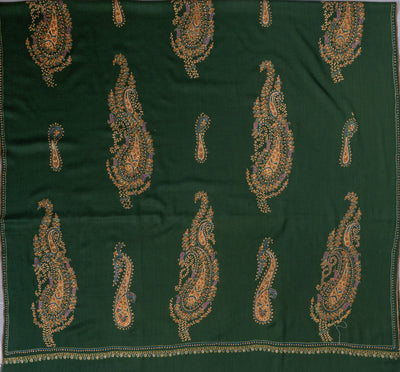 2.5 Yards | Zabarjad Paisley — Hand-Embroidered Kashmiri Shawl in Deep Green with Golden & Blue Accents
