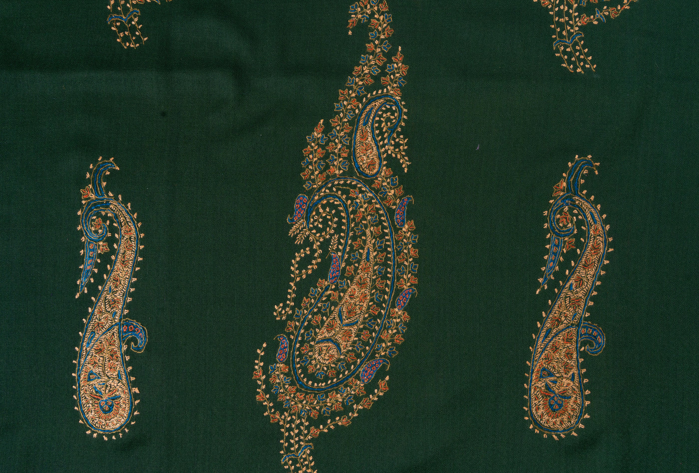 2.5 Yards | Zabarjad Paisley — Hand-Embroidered Kashmiri Shawl in Deep Green with Golden & Blue Accents