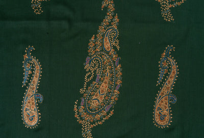 2.5 Yards | Zabarjad Paisley — Hand-Embroidered Kashmiri Shawl in Deep Green with Golden & Blue Accents