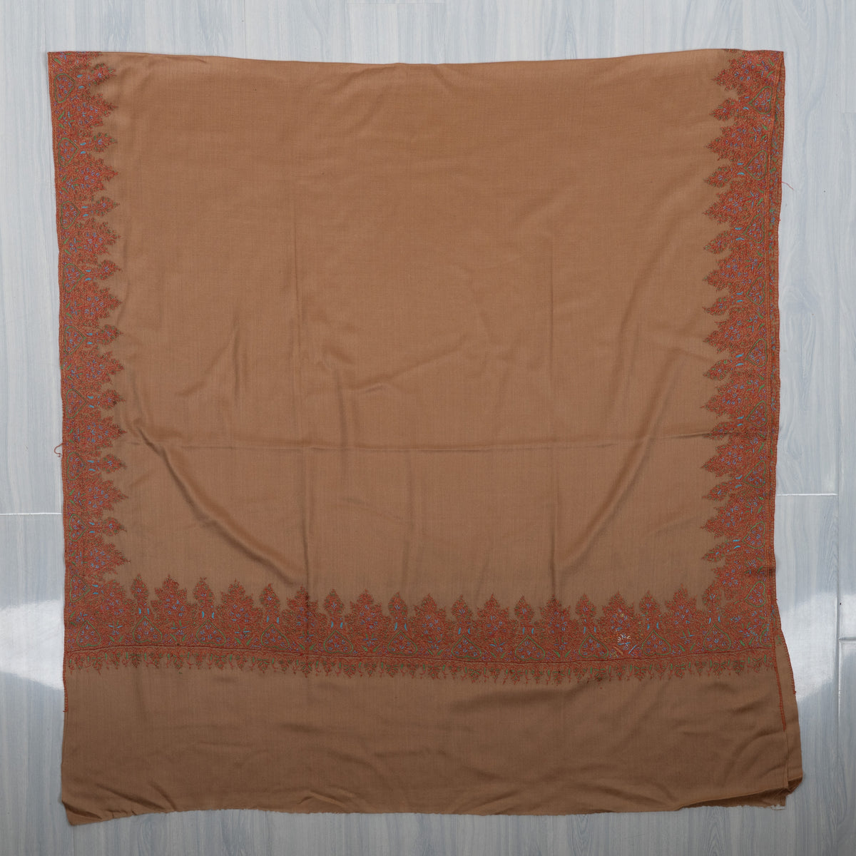Caramel Heritage Glow: Merino wool 2.5 Yards Sozni Hand Embroidered Shawl