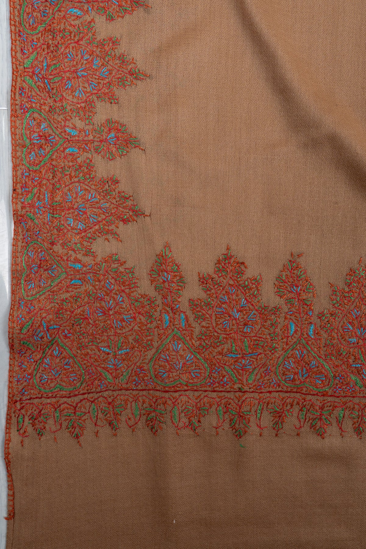 Caramel Heritage Glow: Merino wool 2.5 Yards Sozni Hand Embroidered Shawl