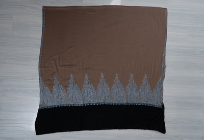 2.5 Yards | Ferozi Cascade — Sozni Hand-Embroidered Shawl in Cocoa Brown with Sky-Blue Paisleys