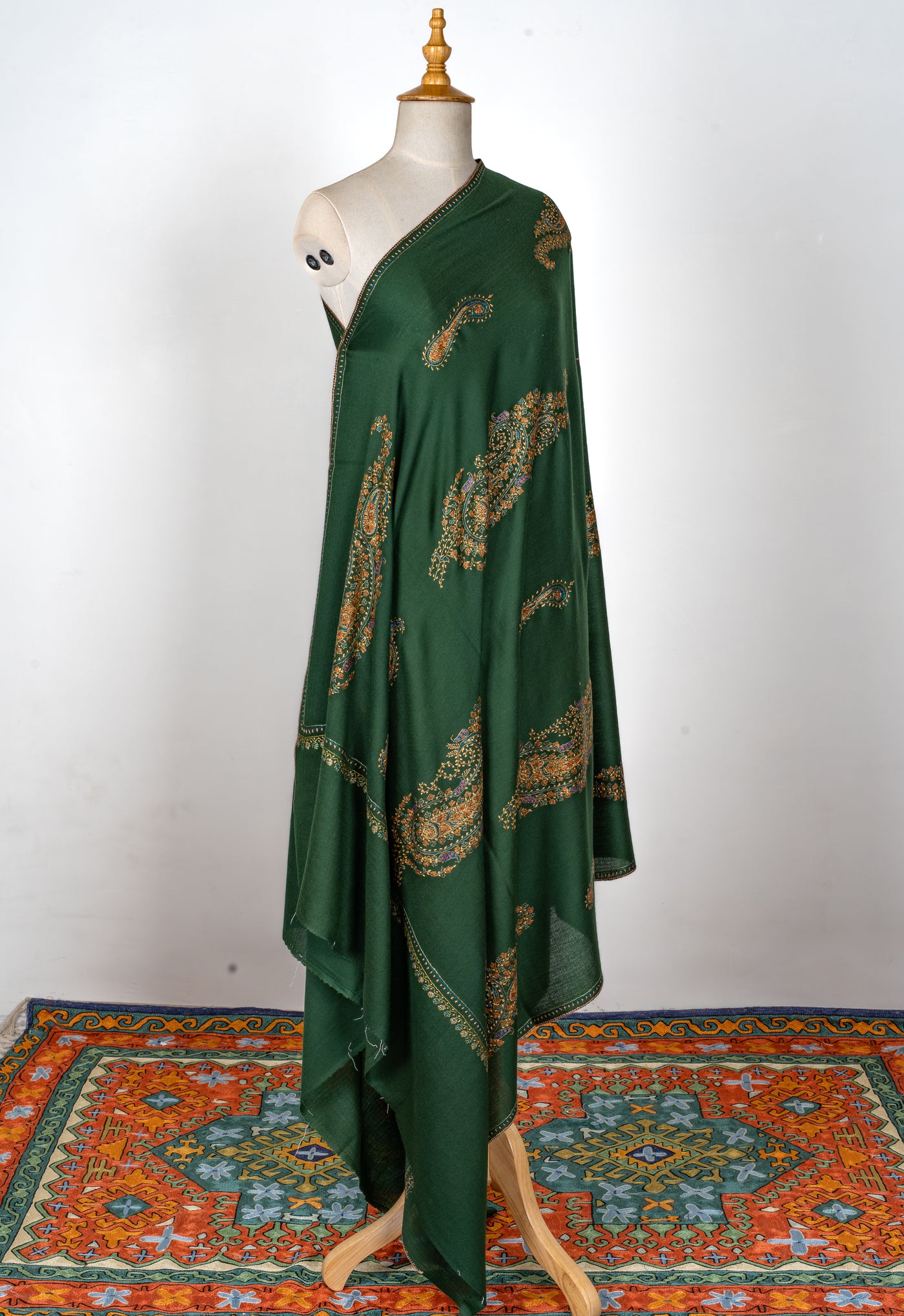 2.5 Yards | Zabarjad Paisley — Hand-Embroidered Kashmiri Shawl in Deep Green with Golden & Blue Accents