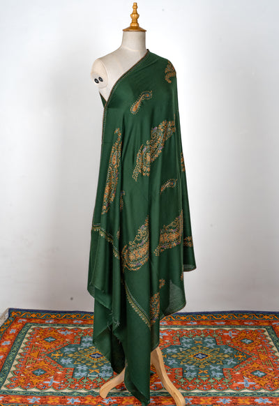 2.5 Yards | Zabarjad Paisley — Hand-Embroidered Kashmiri Shawl in Deep Green with Golden & Blue Accents