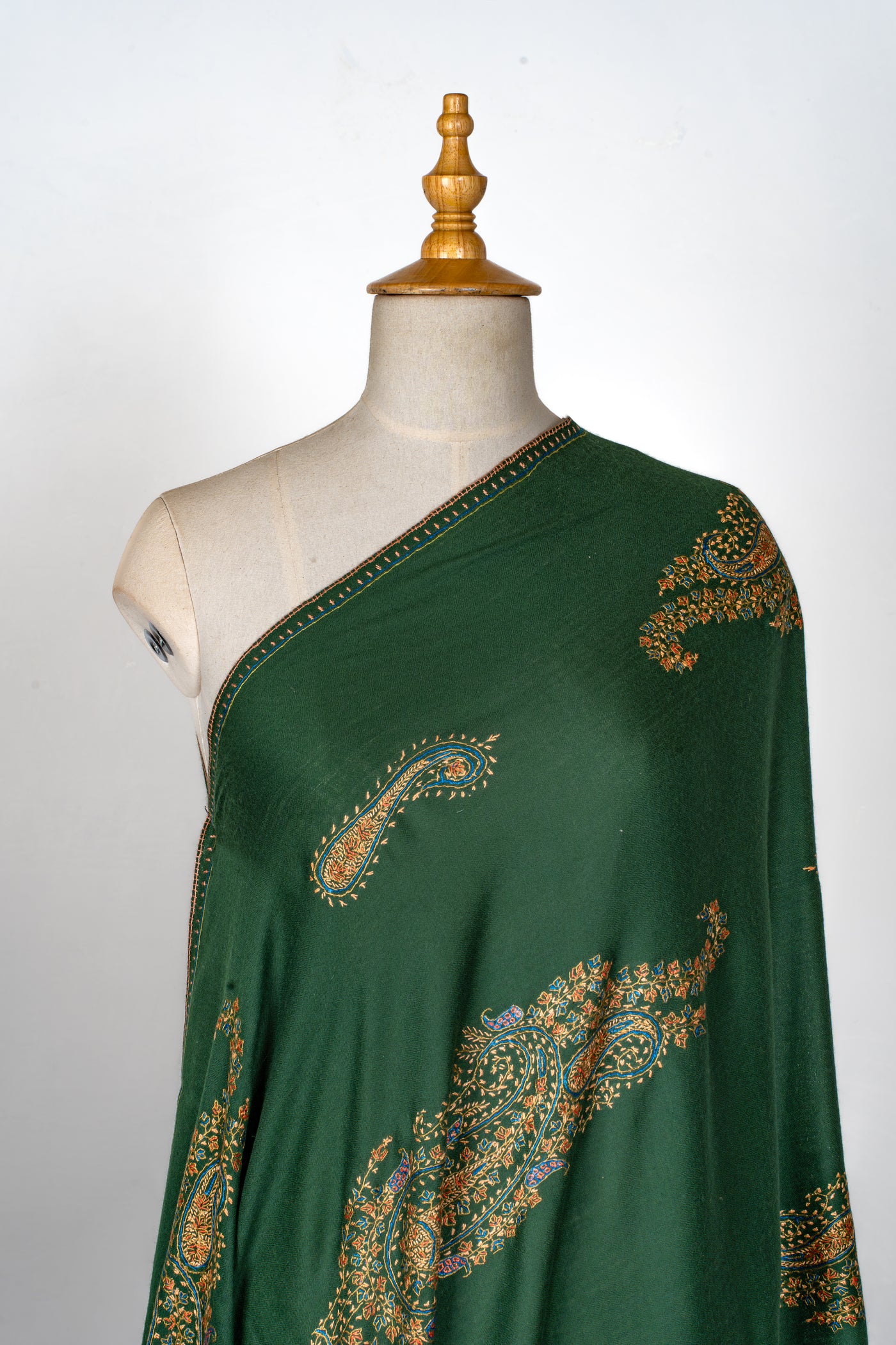 2.5 Yards | Zabarjad Paisley — Hand-Embroidered Kashmiri Shawl in Deep Green with Golden & Blue Accents