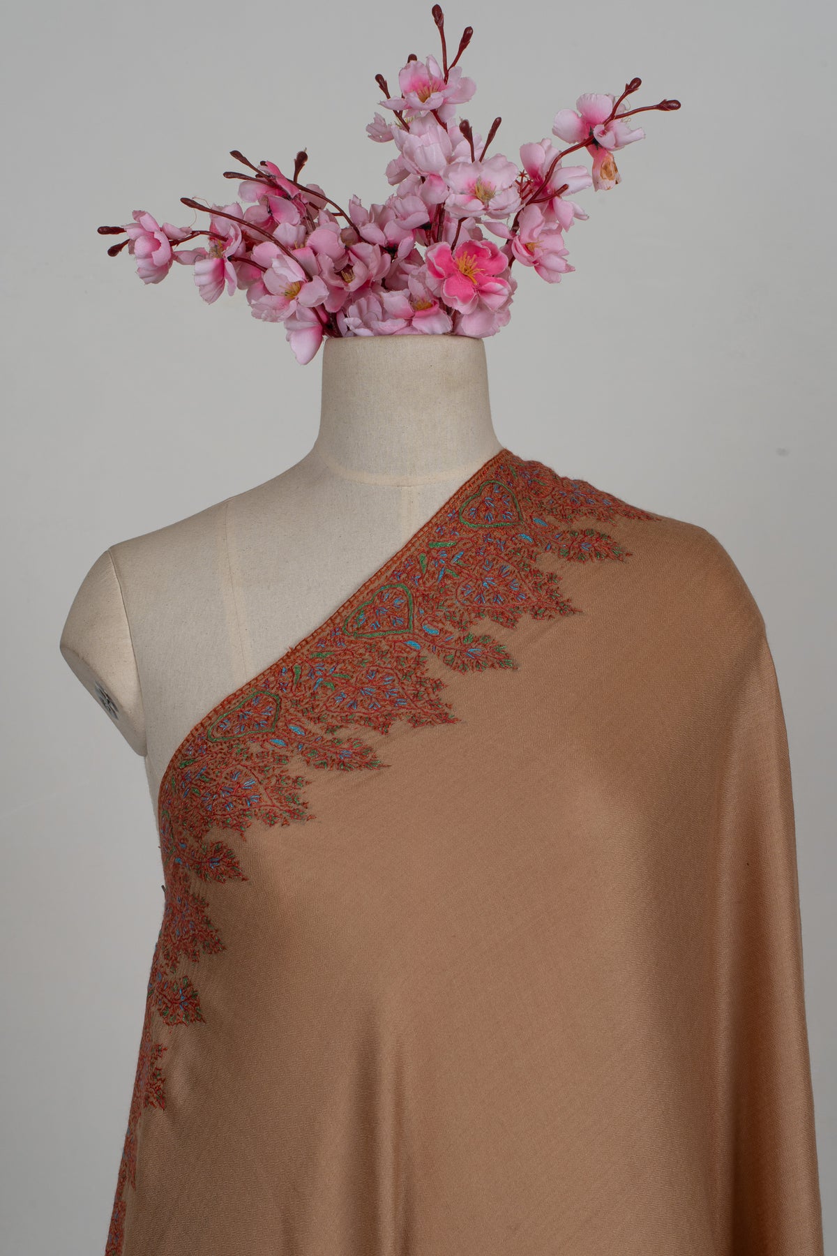 Caramel Heritage Glow: Merino wool 2.5 Yards Sozni Hand Embroidered Shawl