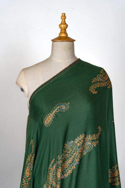 2.5 Yards | Zabarjad Paisley — Hand-Embroidered Kashmiri Shawl in Deep Green with Golden & Blue Accents