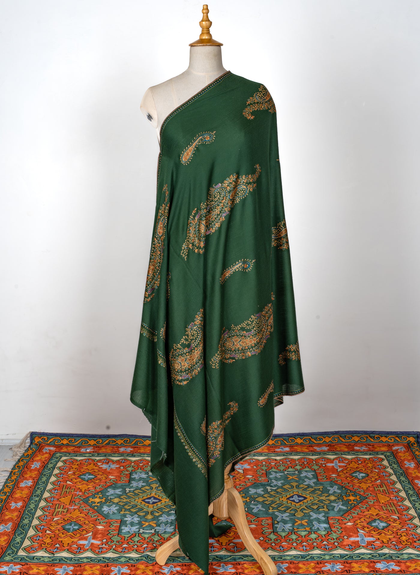2.5 Yards | Zabarjad Paisley — Hand-Embroidered Kashmiri Shawl in Deep Green with Golden & Blue Accents