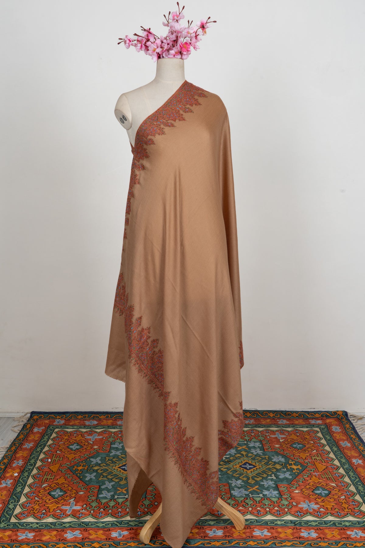 Caramel Heritage Glow: Merino wool 2.5 Yards Sozni Hand Embroidered Shawl