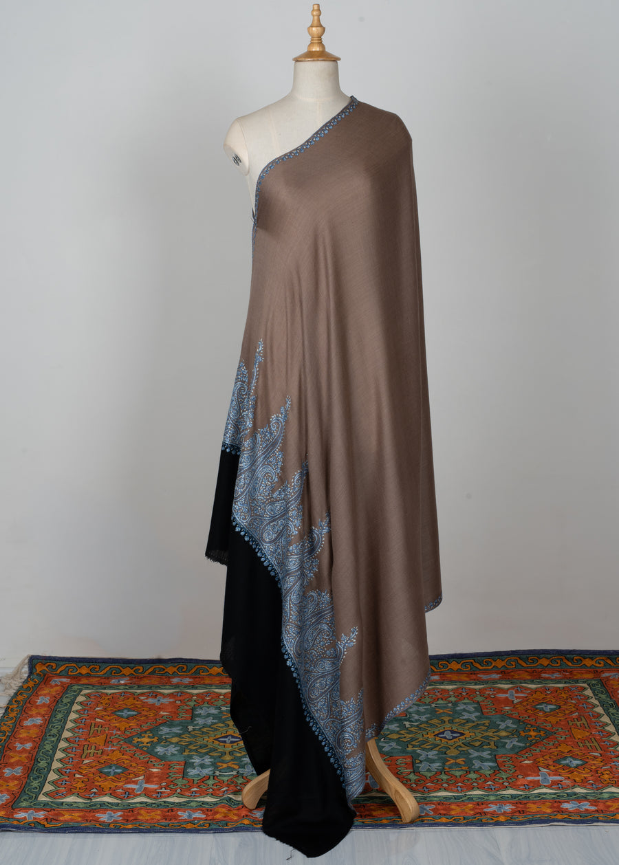 2.5 Yards | Ferozi Cascade — Sozni Hand-Embroidered Shawl in Cocoa Brown with Sky-Blue Paisleys