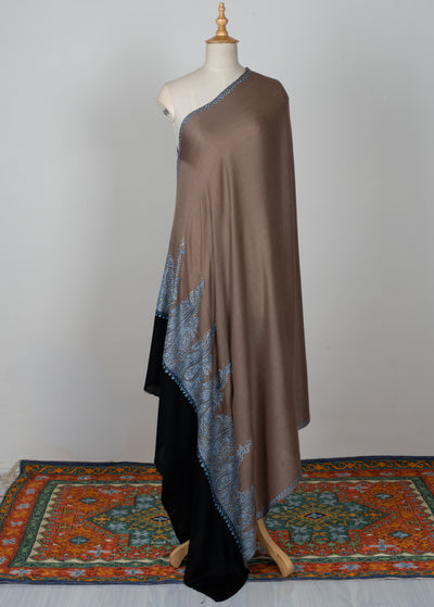 2.5 Yards | Ferozi Cascade — Sozni Hand-Embroidered Shawl in Cocoa Brown with Sky-Blue Paisleys