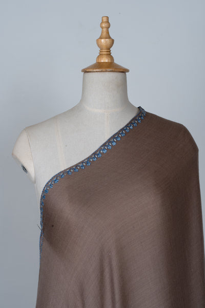 2.5 Yards | Ferozi Cascade — Sozni Hand-Embroidered Shawl in Cocoa Brown with Sky-Blue Paisleys