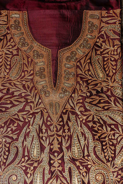 Luxurious Legacy: Maroon Kashmiri Suit in Pure Silk and Tilla Work - KashmKari
