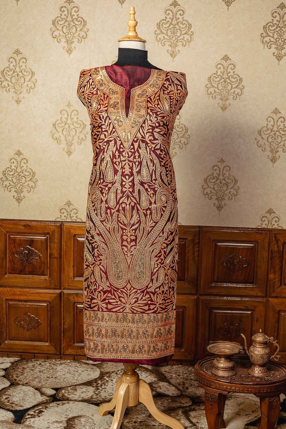Luxurious Legacy: Maroon Kashmiri Suit in Pure Silk and Tilla Work - KashmKari