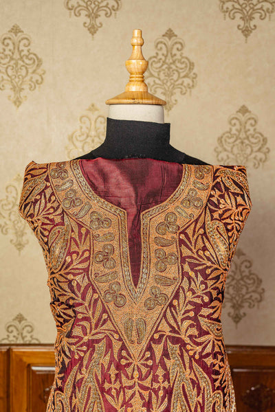 Luxurious Legacy: Maroon Kashmiri Suit in Pure Silk and Tilla Work - KashmKari