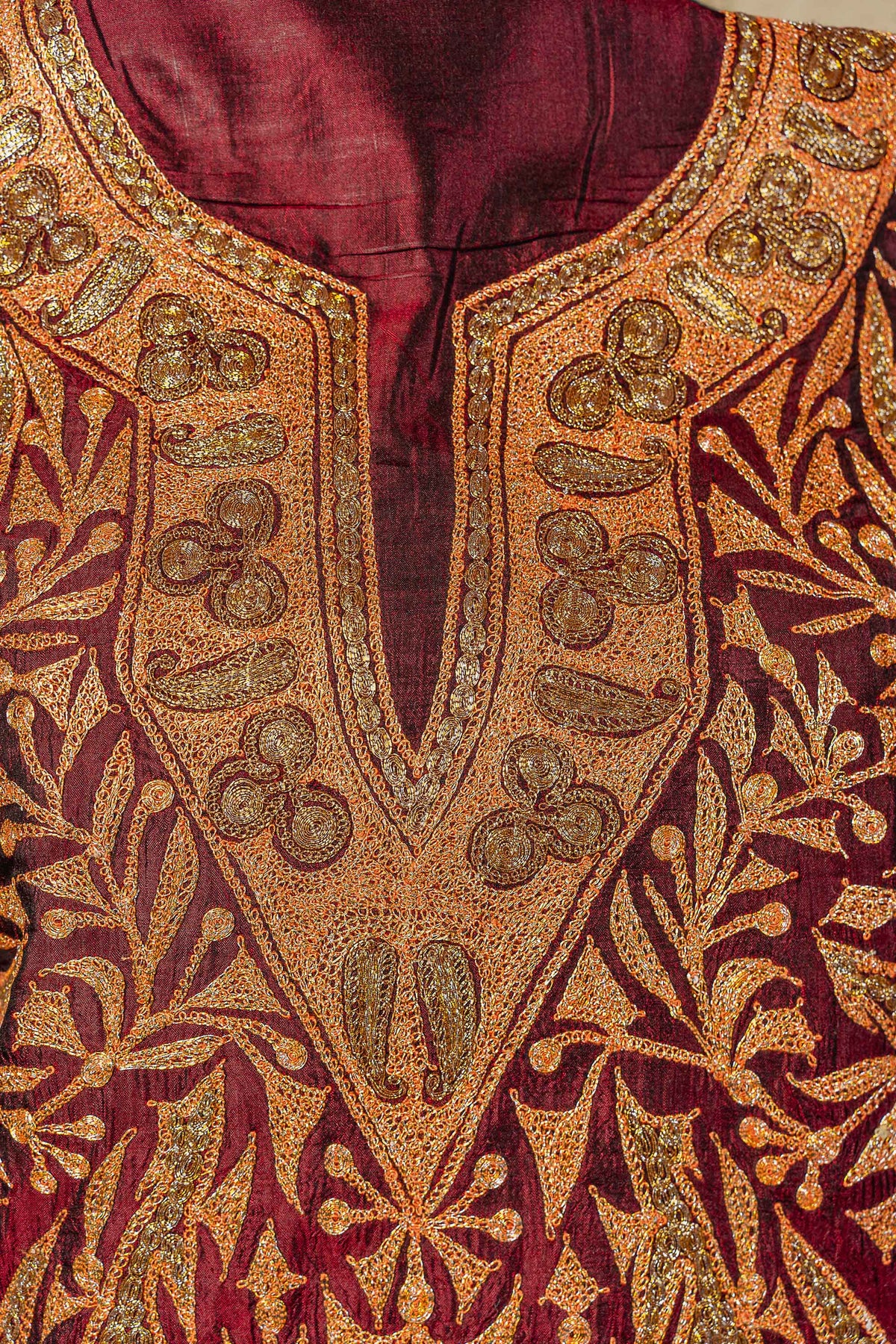 Luxurious Legacy: Maroon Kashmiri Suit in Pure Silk and Tilla Work - KashmKari