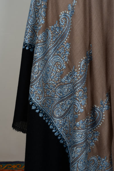 2.5 Yards | Ferozi Cascade — Sozni Hand-Embroidered Shawl in Cocoa Brown with Sky-Blue Paisleys