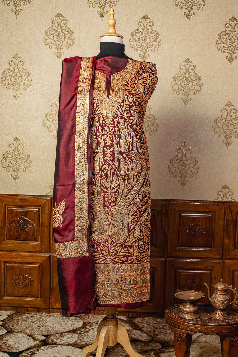 Luxurious Legacy: Maroon Kashmiri Suit in Pure Silk and Tilla Work - KashmKari