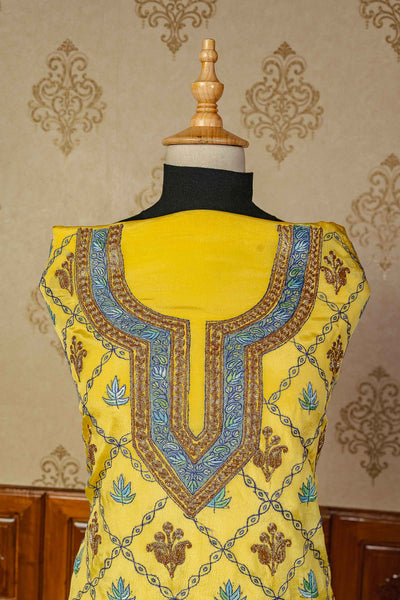 Exquisite Yellow Kashmiri Suit with Tilla & Sozni Embroidery - KashmKari