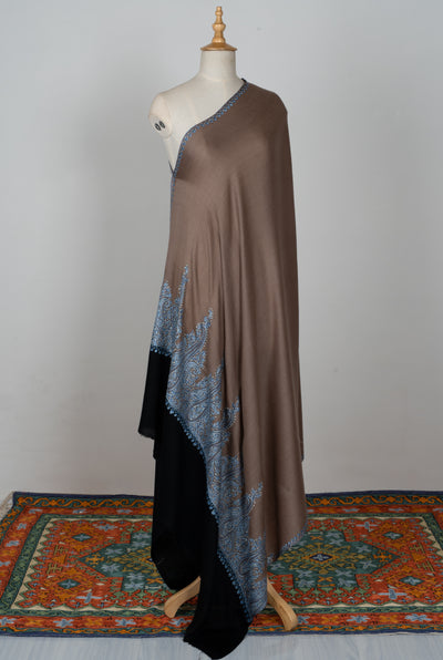 2.5 Yards | Ferozi Cascade — Sozni Hand-Embroidered Shawl in Cocoa Brown with Sky-Blue Paisleys