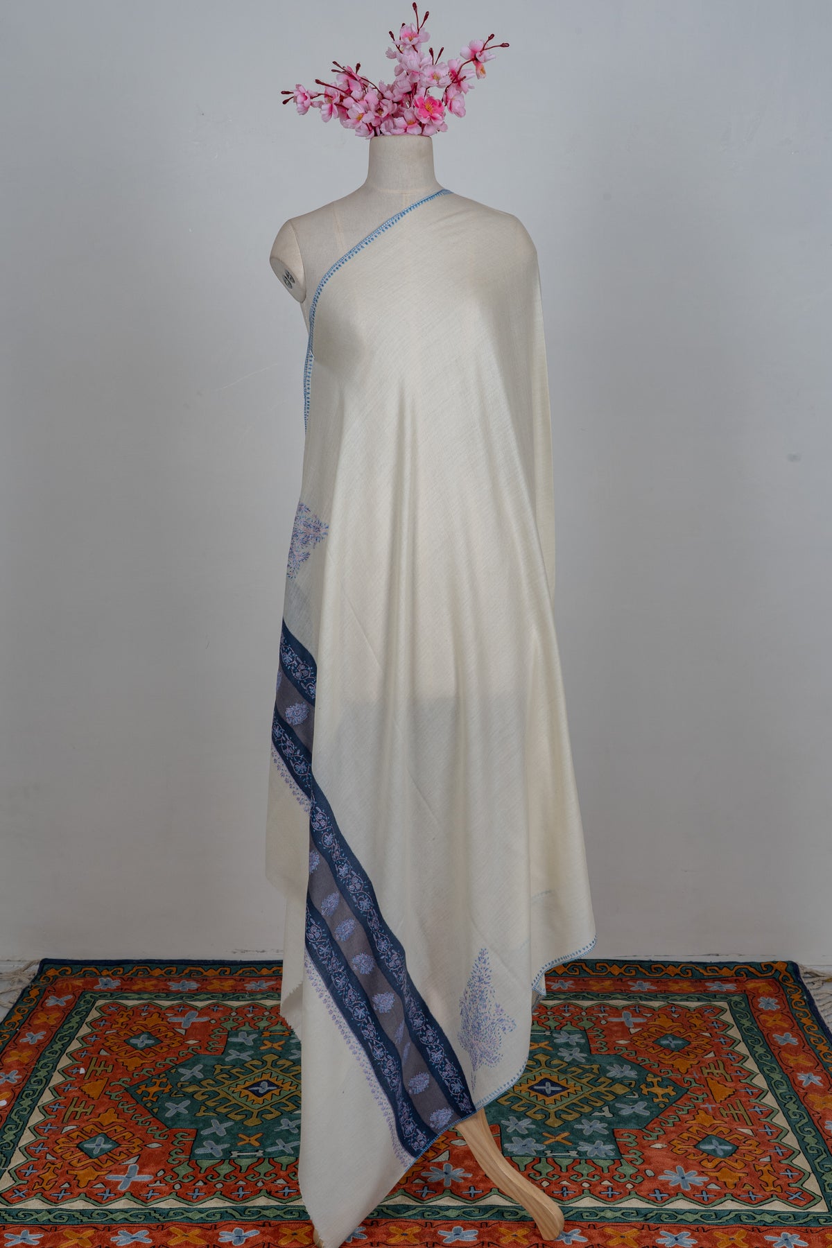 Moonlight Sapphire: Merino wool 2.5 Yards Sozni Hand Embroidered Shawl