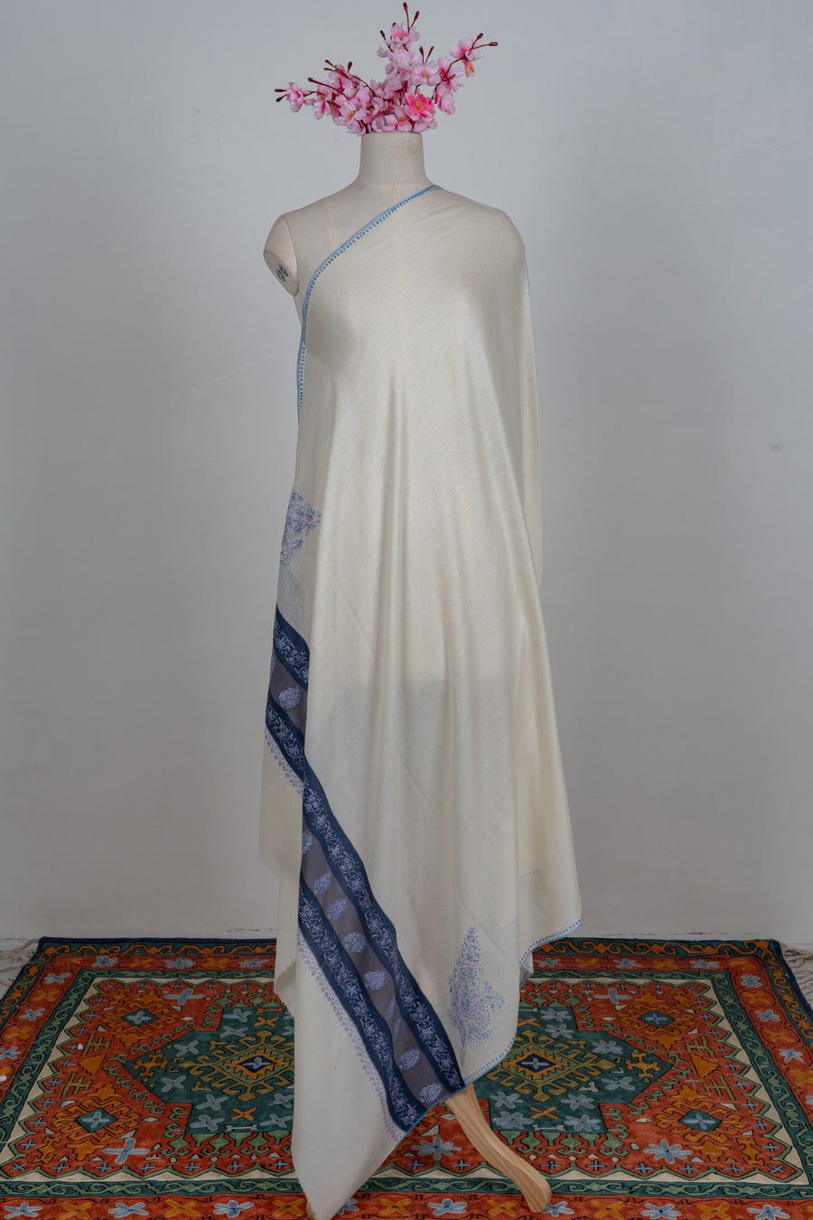 Moonlight Sapphire: Merino wool 2.5 Yards Sozni Hand Embroidered Shawl