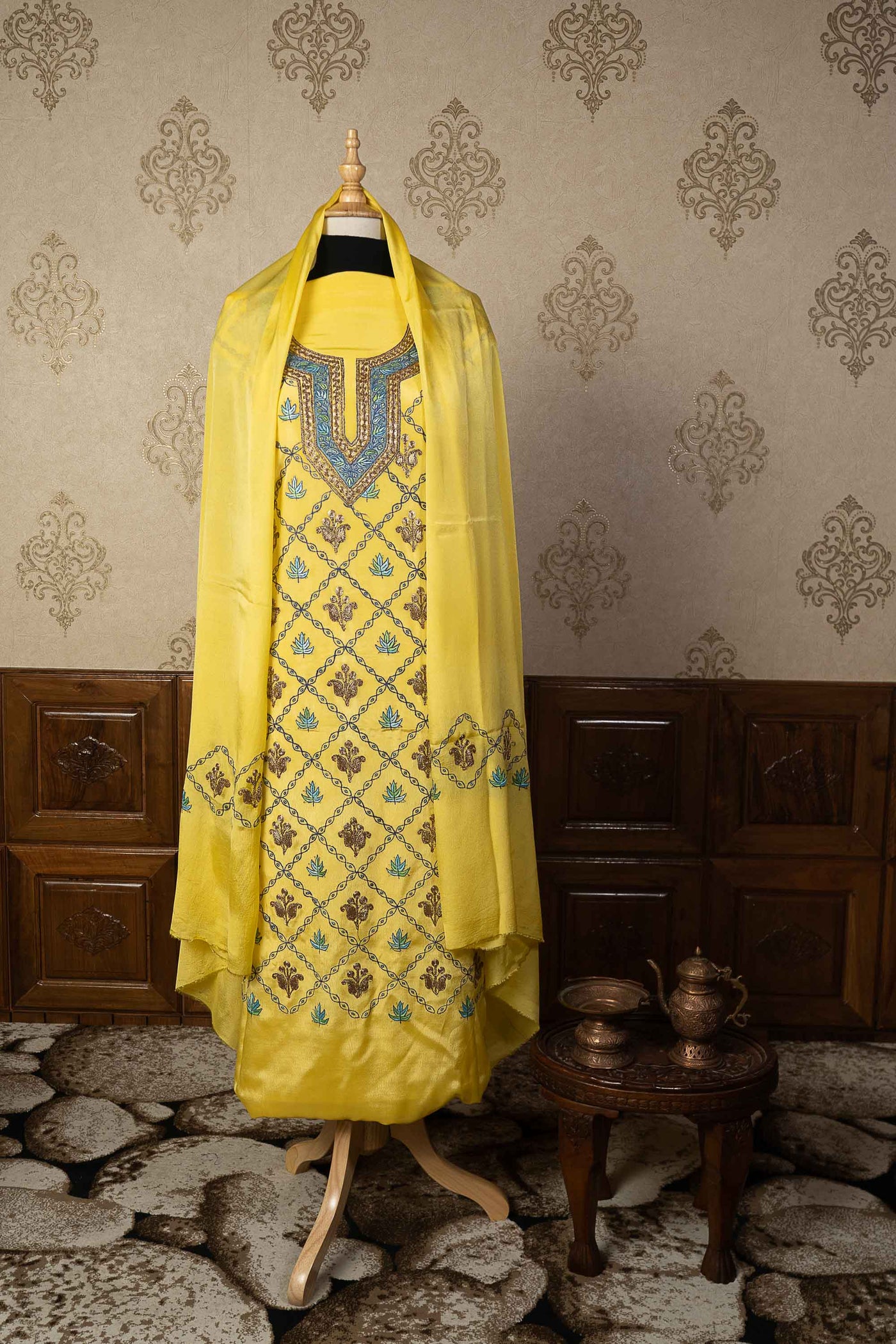 Exquisite Yellow Kashmiri Suit with Tilla & Sozni Embroidery - KashmKari