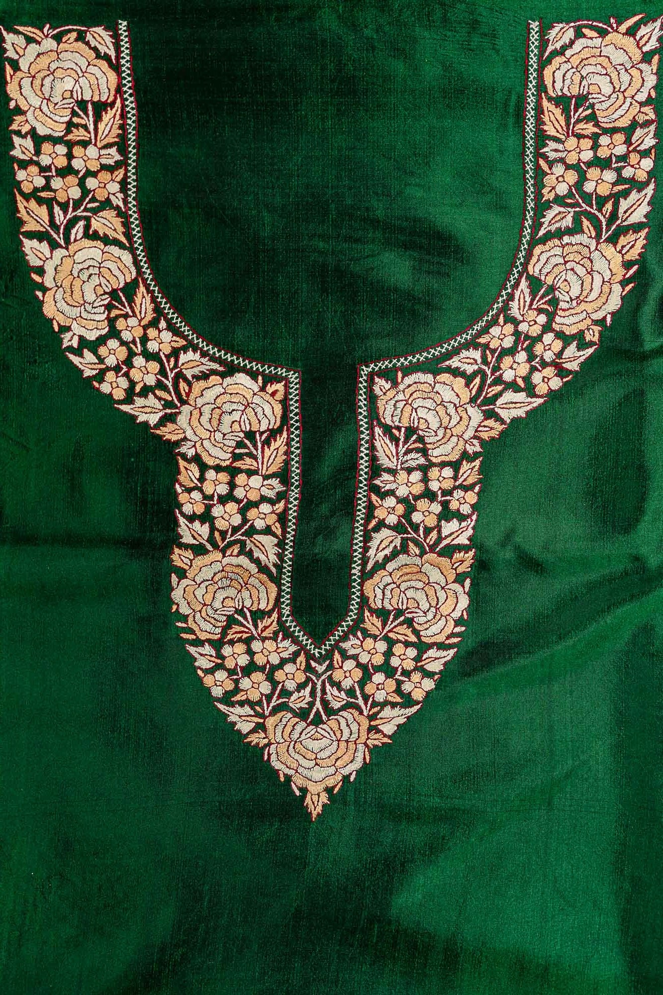 Elegant Green Kashmiri Silk Suit with Exquisite Paper Mache Embroidery - KashmKari