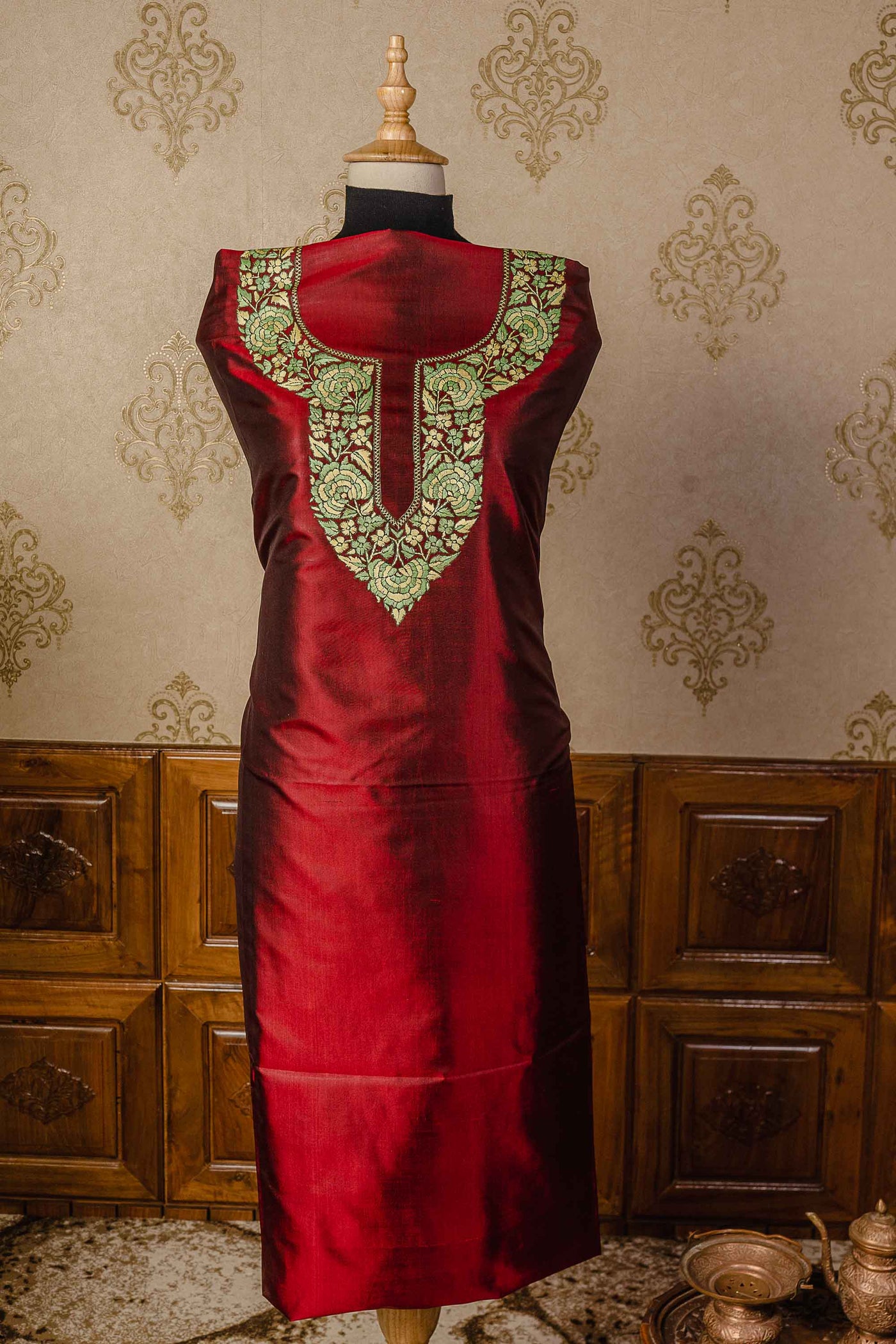 Exquisite Maroon Kashmiri Suit - Handcrafted Elegance in Pure Silk with Paper Mache Embroidery - KashmKari
