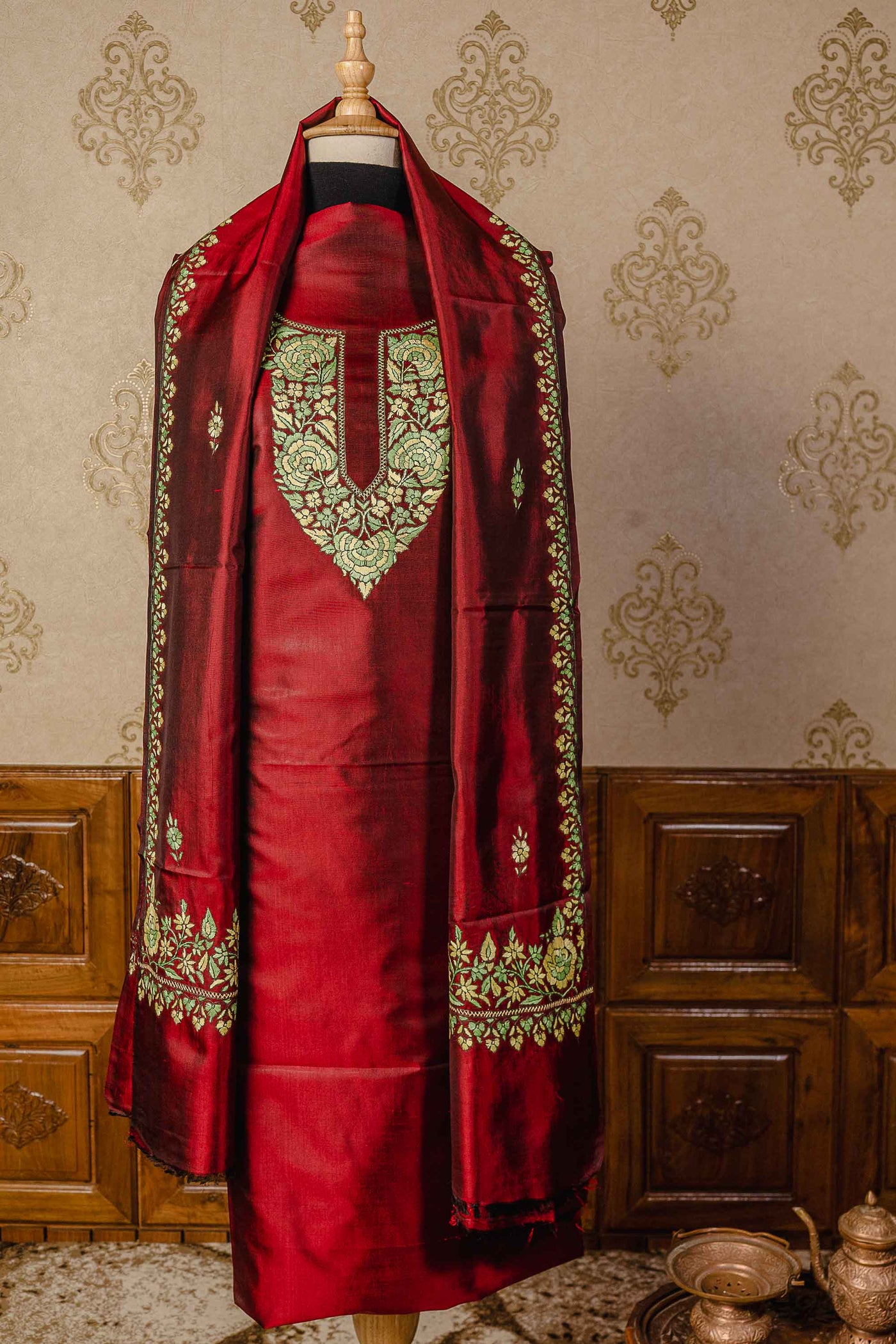 Exquisite Maroon Kashmiri Suit - Handcrafted Elegance in Pure Silk with Paper Mache Embroidery - KashmKari