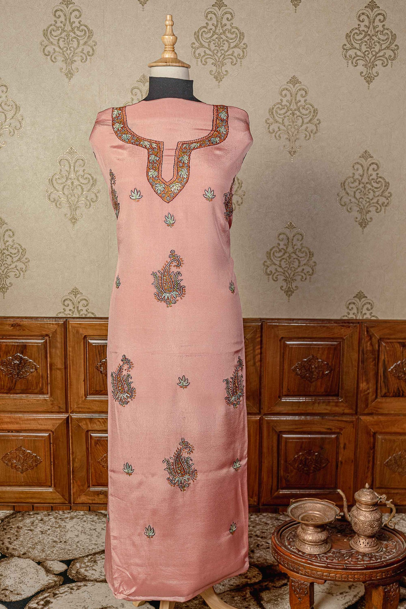 Elegance Meets Artistry: Pink Kashmiri Suit with Exquisite Paper Mache and Tilla Embroidery - KashmKari