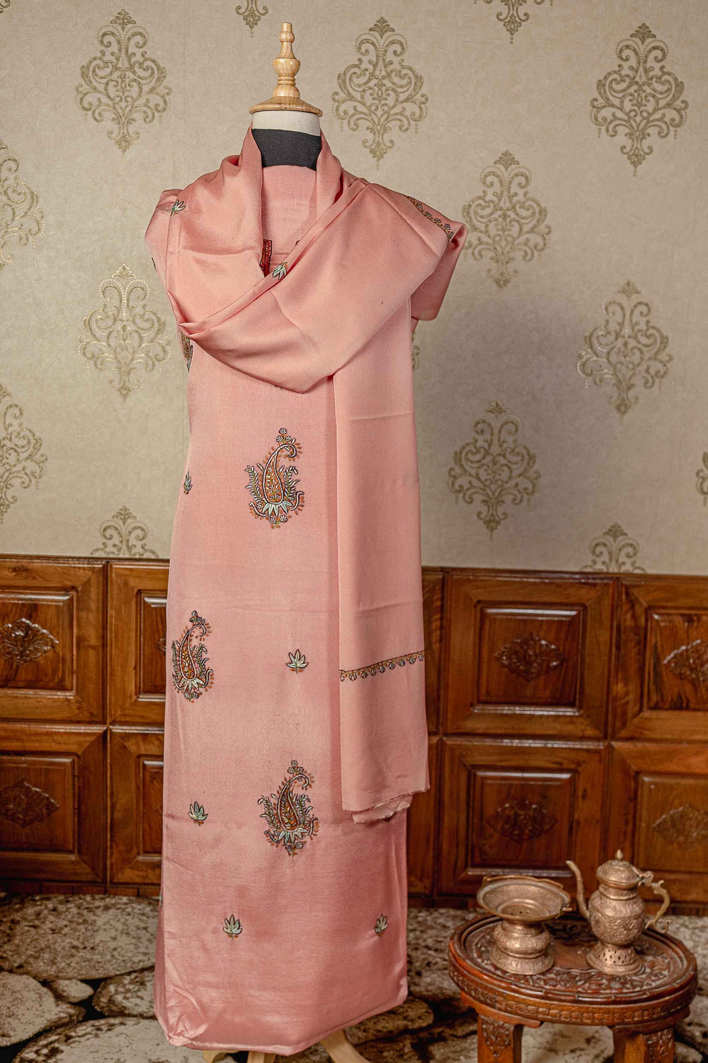 Elegance Meets Artistry: Pink Kashmiri Suit with Exquisite Paper Mache and Tilla Embroidery - KashmKari