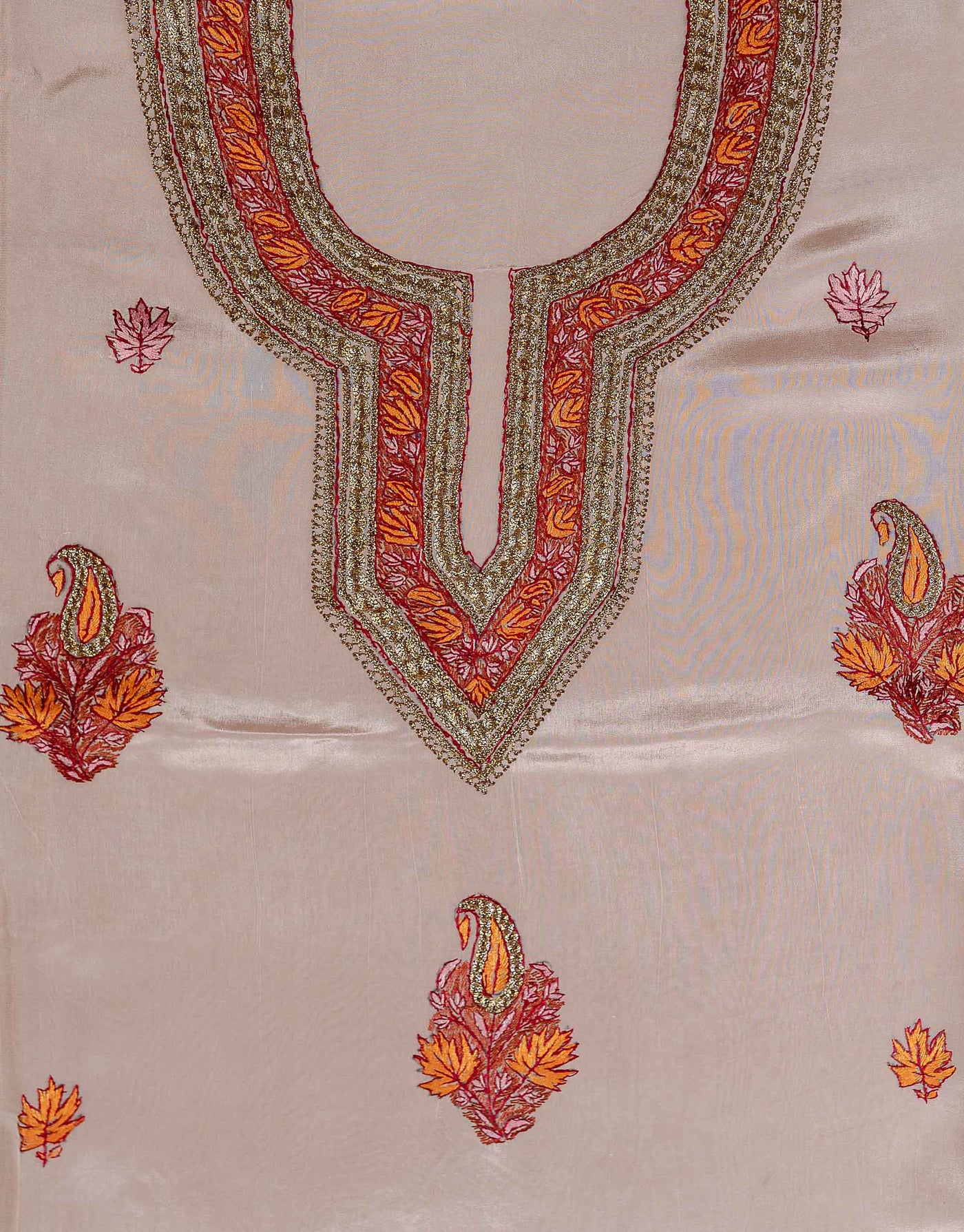 Peach Posh: Kashmiri Suit Adorned with Tilla and Sozni Embroidery - KashmKari