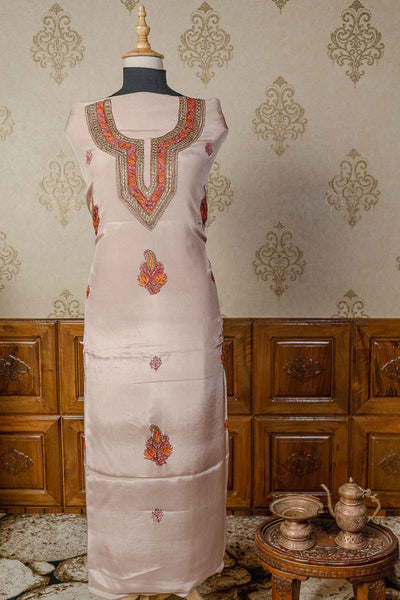 Peach Posh: Kashmiri Suit Adorned with Tilla and Sozni Embroidery - KashmKari