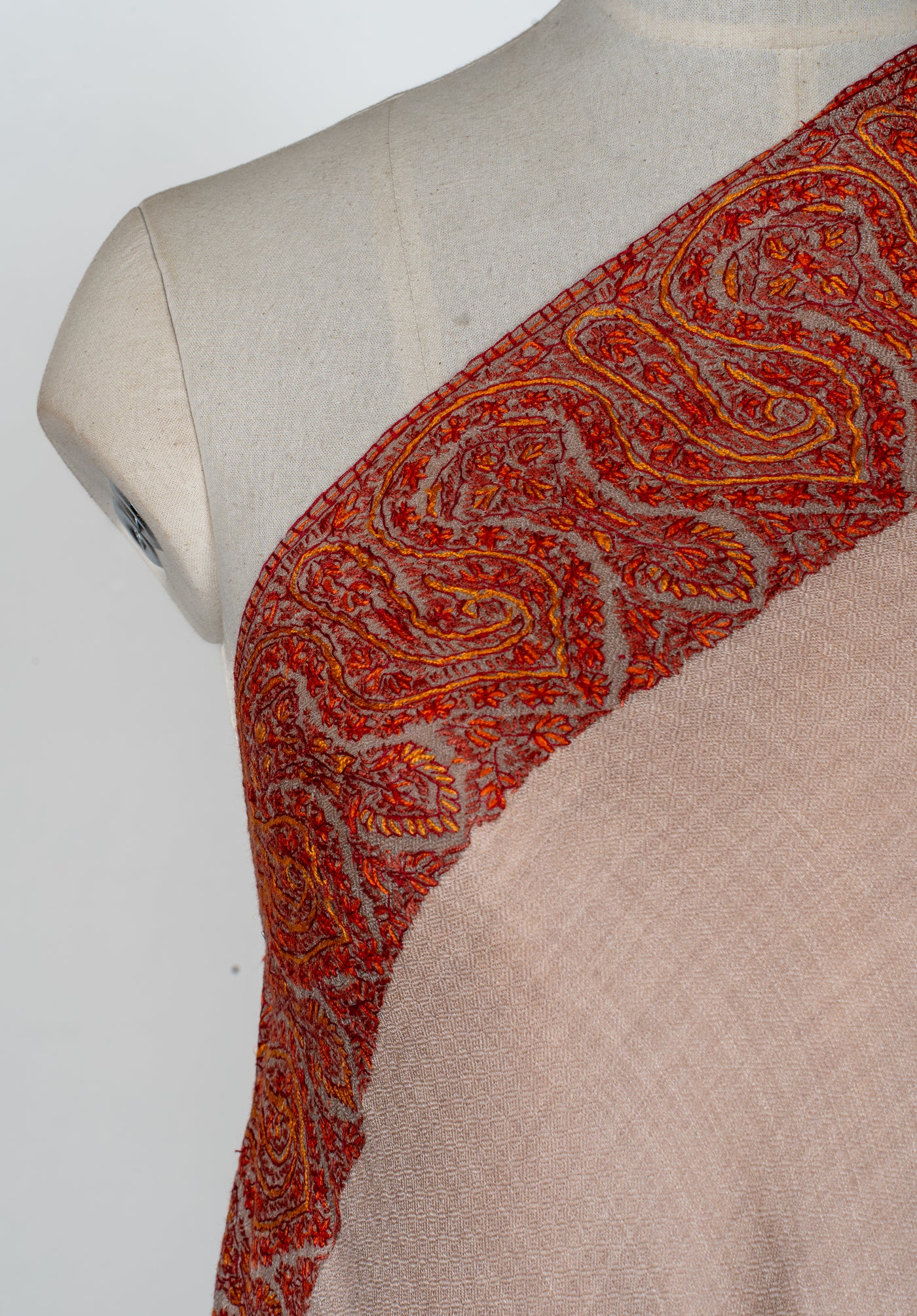 2.5 Yards | Surkh Gul — Sozni Hand-Embroidered Shawl in Classic Beige