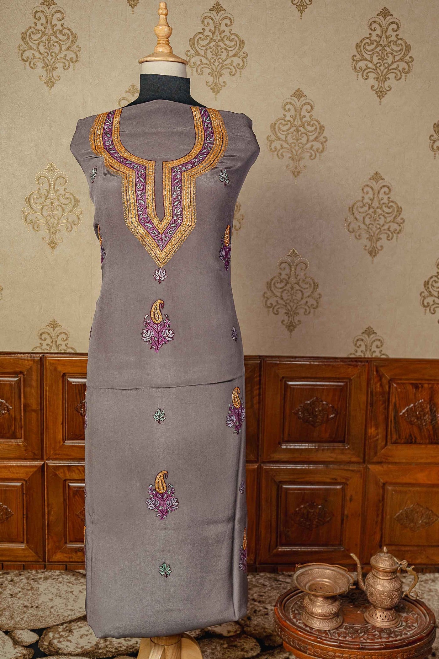 Exquisite Kashmiri Gray Suit with Intricate Paper Mache and Tilla Embroidery - KashmKari