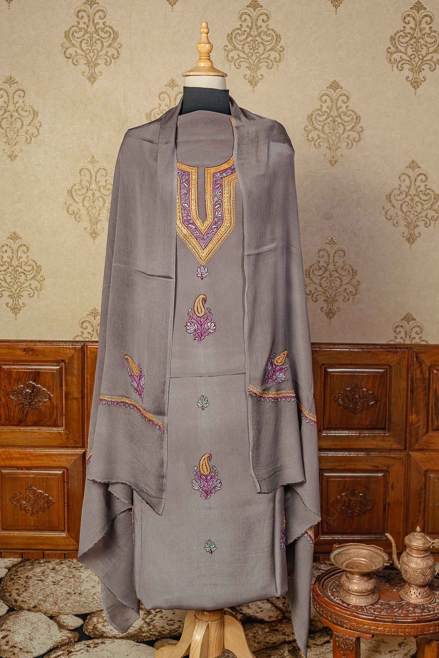 Exquisite Kashmiri Gray Suit with Intricate Paper Mache and Tilla Embroidery - KashmKari