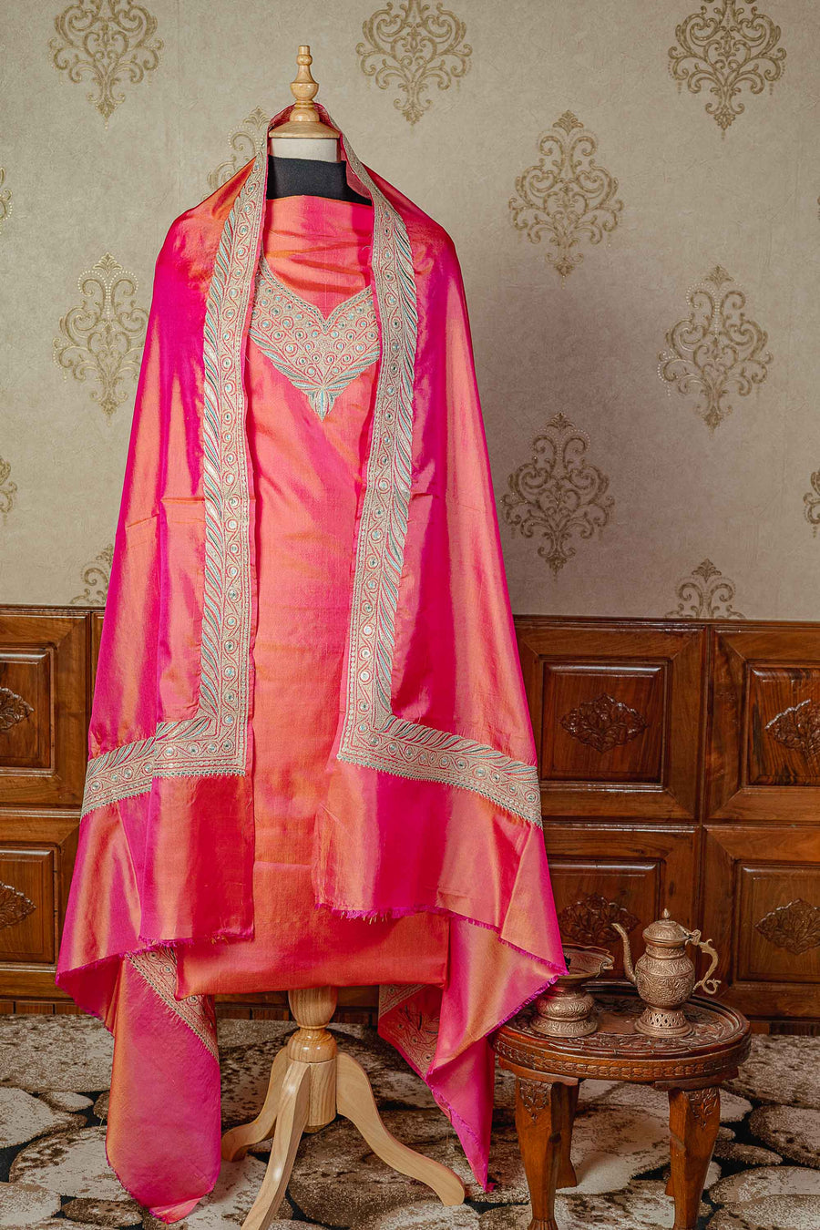 Pure Silk Elegant Pink Kashmiri Suit with Intricate Tilla Embroidery - KashmKari