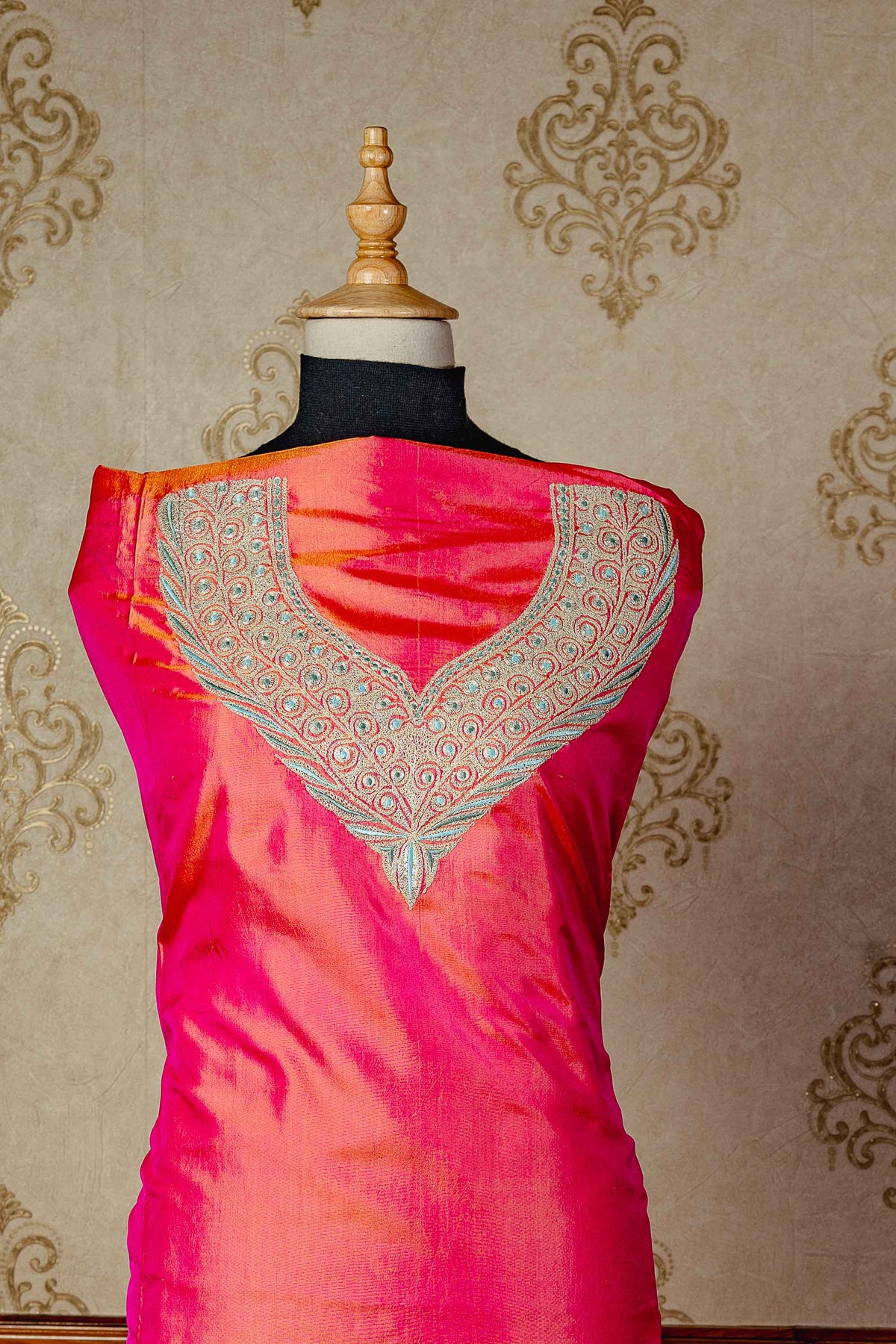 Pure Silk Elegant Pink Kashmiri Suit with Intricate Tilla Embroidery - KashmKari