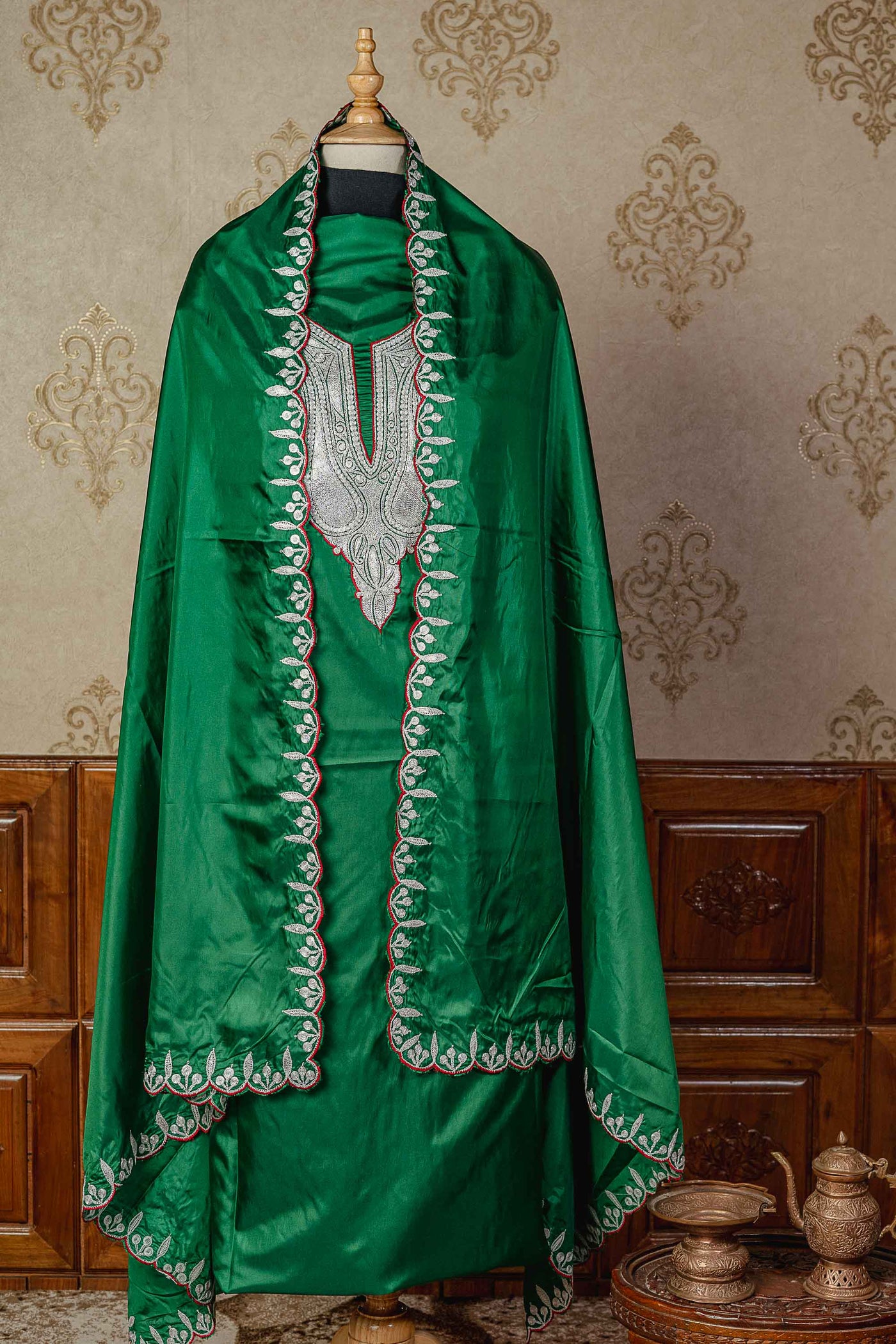 Elegant Kashmiri Silk Suit with Tilla Embroidery - Green - KashmKari