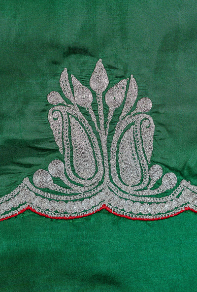 Elegant Kashmiri Silk Suit with Tilla Embroidery - Green - KashmKari