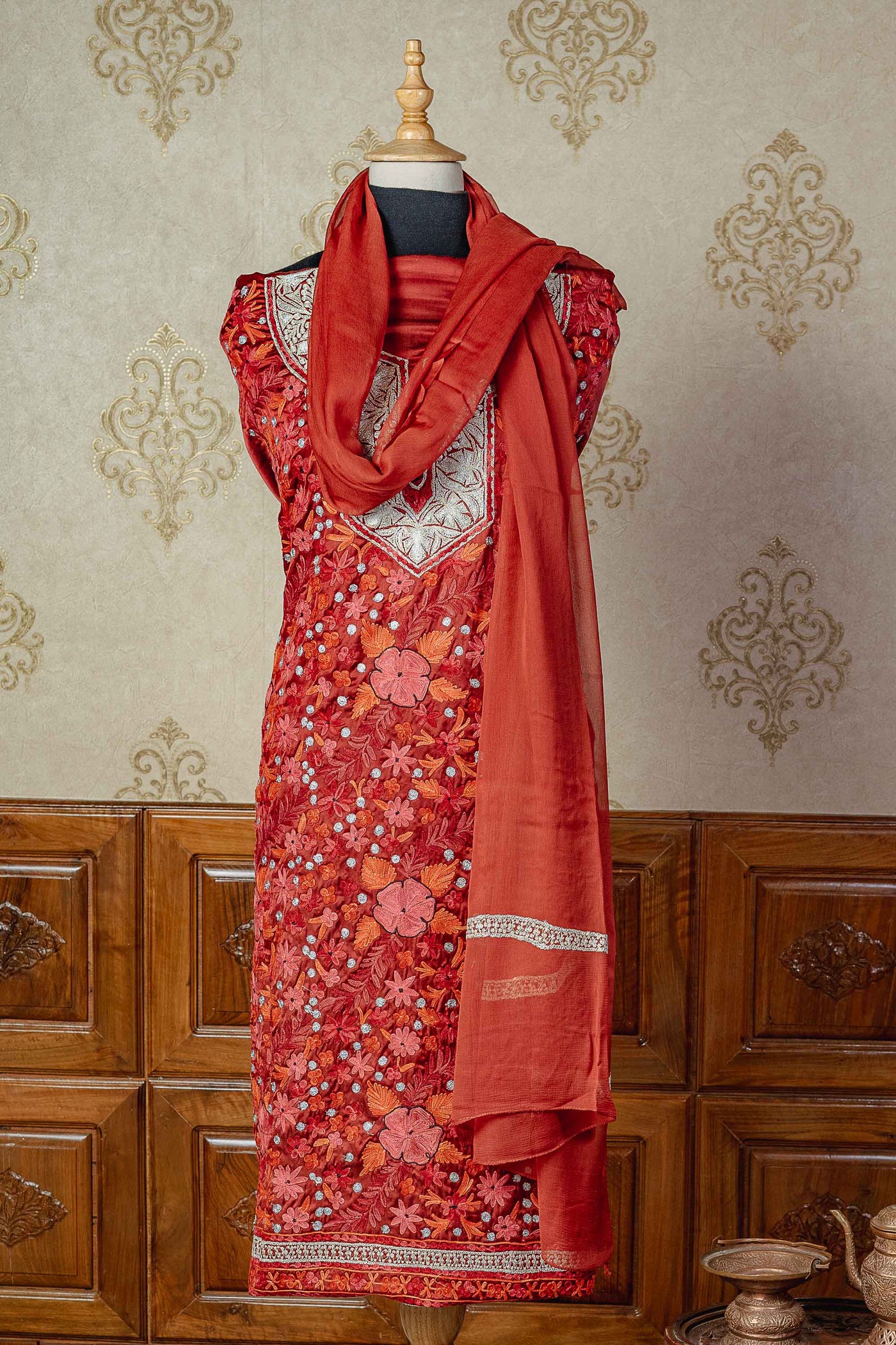 Regal Elegance: Dual-Embroidered Maroon Suit - KashmKari