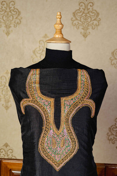 Exquisite Kashmiri Suit: Black Base with Stunning Paper Mache and Tilla Embroidery - KashmKari