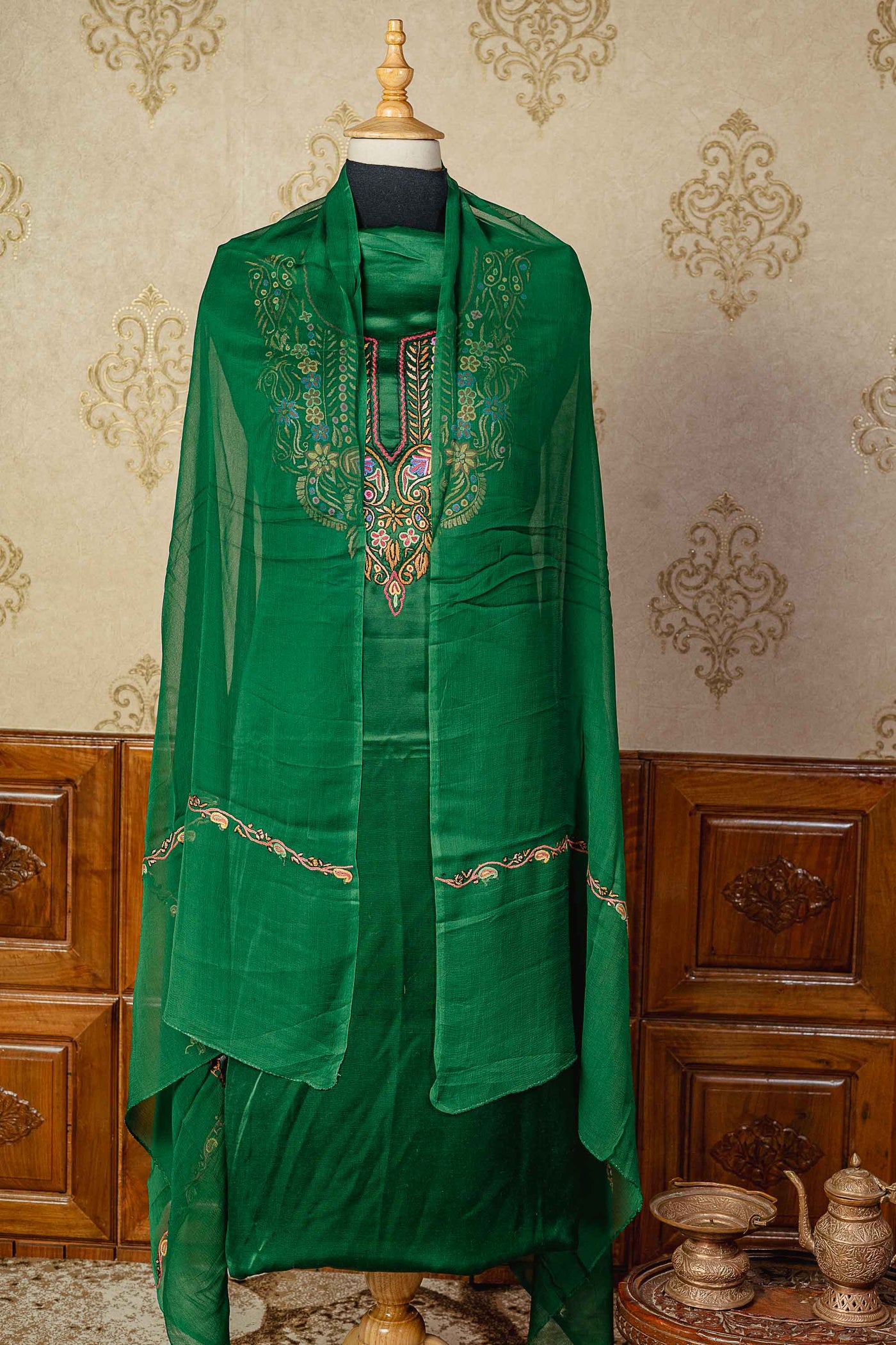 Green Glamour: Aari Hand Embroidered Kashmiri Suit with Floral Design - KashmKari